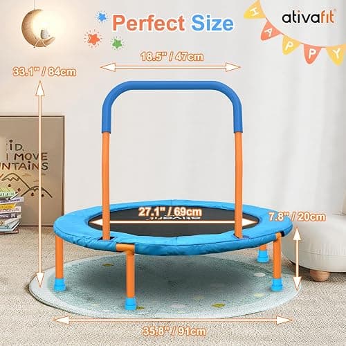 Ativafit 36inch Mini Toddler Trampoline for Kids Ages 1-6 Indoor Outdoor Folding Small Rebounder Trampoline with Foam Handle Safety Padded Cover Fun for Kids - Orange and Blue thumbnail 5
