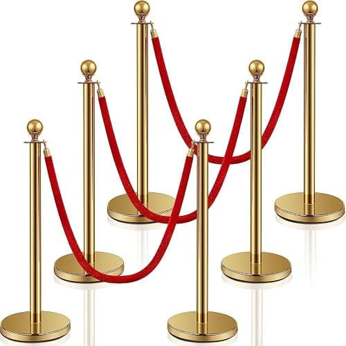Ferraycle 6 Pcs 2026 Wedding Stanchions and Velvet Ropes Set, Gold | Stainless Steel Pole 5 ft Velvet Rope Crowd Control Barriers Opening Movie Party Red Carpet 360 Photo Booth Accessories - Image 1