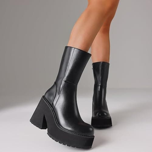 AMINUGAL Womens Wedge Heel Ankle Boots Platform Zipper Punk Motorcycle Booties Chunky Block High Heel Round Toe Fashion Work Combat Boots Mid Calf For Women thumbnail 3