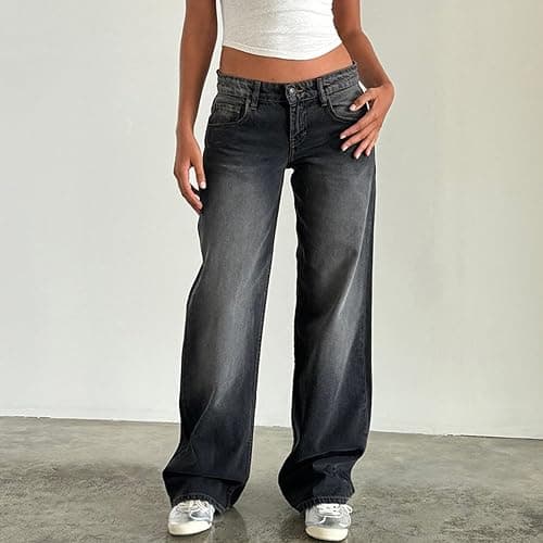 Y2K Damen Baggy-Jeans, niedrige Taille, lockeres gerades Bein, Denim-Hose mit Taschen, E-Girl, Boyfriends-Hose, Streetwear thumbnail 4