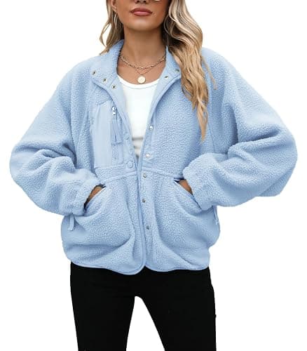 Yanekop Womens Fleece Jacket Fuzzy Long Sleeve Short Winter Coats Button Down Sherpa Jacket Outerwear with Pockets thumbnail 3