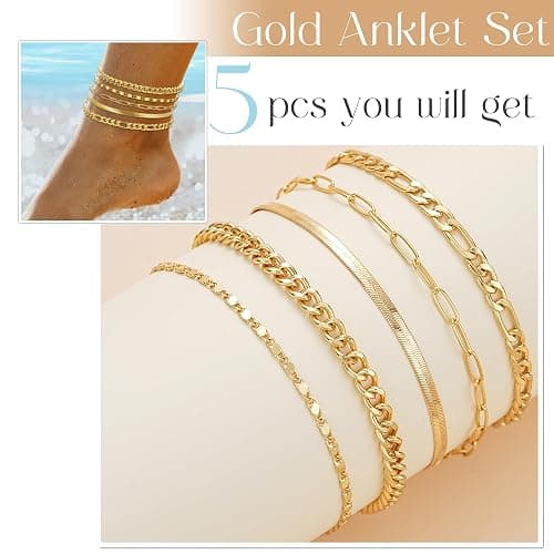 iF YOU Gold Ankle Bracelets for Women, 14k Gold Plated Waterproof Cuban Link Chain Anklets Set, Layered Anklet Bracelets for Women Beach Gift Adjustable Size 5pc thumbnail 5