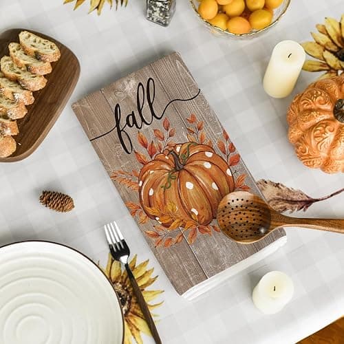 Artoid Mode Wood Pumpkin Leaves Fall Kitchen Towels Set of 2 18x26 Inch | Thanksgiving Autumn Wood Buffalo Plaid Hand & Dish Towels,Ultra Absorbent,Seasonal Farmhouse Decoration thumbnail 5