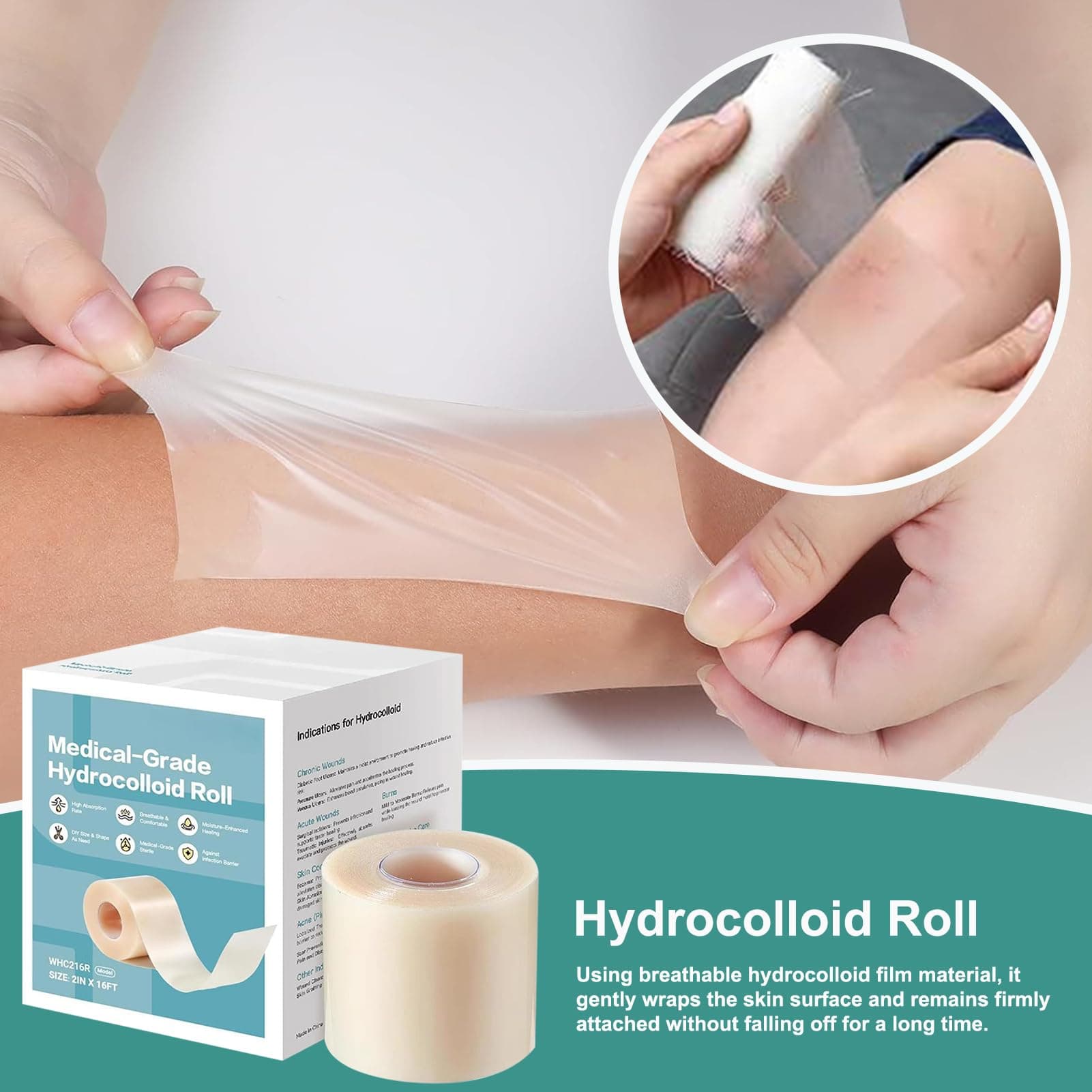 Hydrocolloïde rol - 5 m waterdichte hydrocolloïde verbanden | Snijbare hydrocoloïde filmroltape | Langdurige hechting hydrocoloïde patches voor gezichtsbrandwonden sportschool workouts thumbnail 4