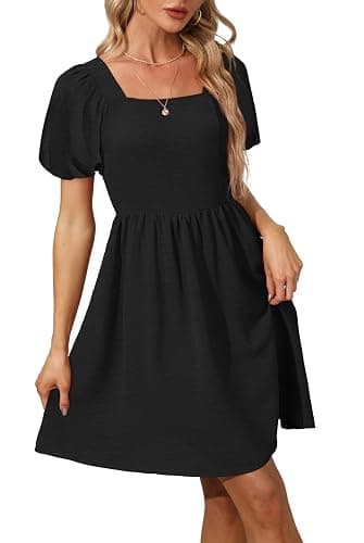 OFEEFAN Women Puff Sleeve Square Neck Tie in Back Dresses with Zipper thumbnail 3