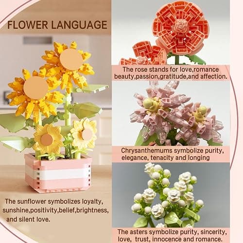 YINGYIWH Mini Flowers Botanical Collection Building Sets,Plants Office Home Decor Bonsai Building Toys, Creative Flowers Building Project for Adults, Gifts Ideas for Girls Women(4set) thumbnail 6