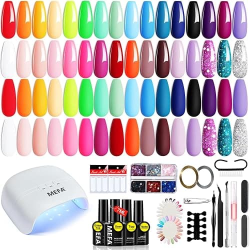 MEFA Gel Nail Polish Kit with Nail Light, 32 Colors Bright Neon Spring Summer Set with Base and Matte/Glossy Top Coat Nail Art Decorations Tools Starter Kit DIY Salon Home Gifts for Women Girls - Image 1
