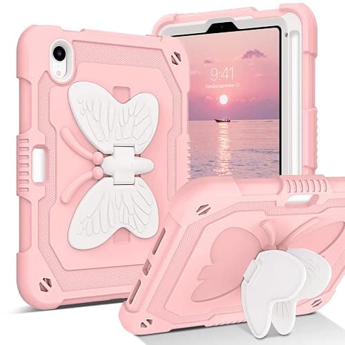 DUEDUE Case for iPad mini 7 (A17 Pro) 2024,iPad mini 6 Case 2021, Butterfly Wings Kickstand with Pencil Holder Shockproof Protective Tablet Case for iPad mini 7th/6th Gen Kids, Beige/Pink - Image 1