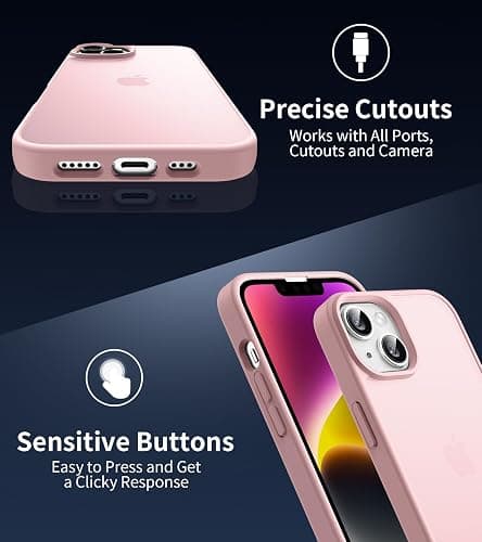 HeIssitot Matt Handyhülle für iPhone 13/iPhone 14 Hülle und 2 Stück Sichtschutz Schutzfolie, [Militärstandard] Durchscheinende PC Rückseite TPU Bumper Schutzhülle, Rosa - iPhone 13/14 - Rosa thumbnail 6