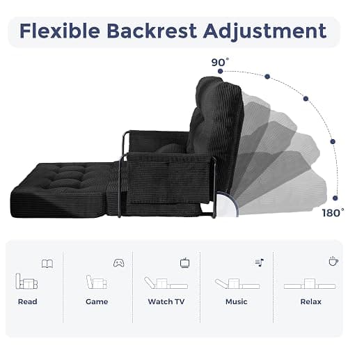 MAXYOYO Adjustable Folding Sofa Bed Couch with 2 Pillows, Black | Multi-Functional Bean Bag Bed, 5-Position Foldable Lazy Floor Sofa Bed with Armrest, Versatile Floor Seating for Reading thumbnail 5