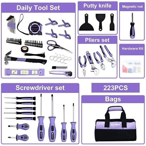 ACOSEA Purple Tool Set,223-Piece Tool Sets for Women,Tool Kit with 13-Inch Wide Mouth Open Purple Tool Bag,The Basic Tool Set is Perfect for Home Maintenance (PURPLE) thumbnail 3