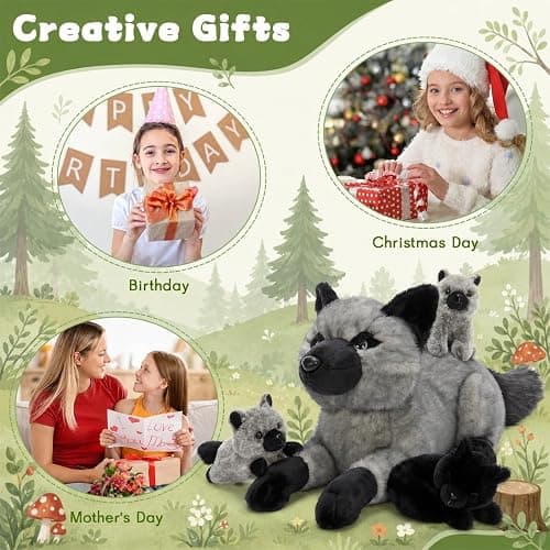 BENINY 4 Pcs Fox Stuffed Animal Set, 22 Inch Mommy Silver Fox with 3 Babies | Mommy gray fox plush set, 3 hidden baby foxes, Zippered tummy design, Soft cuddle companion, Christmas gift for kids thumbnail 3