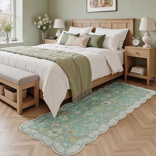 LORWER Oushak 2x6 Runner Rug, Washable Green Boho Floral Turkish Retro Runners, Scalloped Ultra Thin Non Slip Low Pile Long Throw Rug for Laundry Room Kitchen Bathroom thumbnail 7