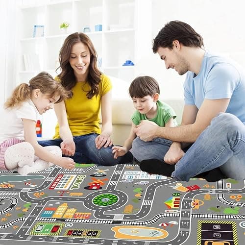 Car Rug Play Mat Great for Playing with Cars and Toys, Kid Playroom Carpet with Rubber Backing, Game Area for Baby Toddler Kid Child Educational Learn Road Traffic in Bedroom, Classroom - 3'11" x 5'10" (Rectangular) thumbnail 6