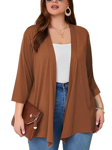 AusLook Women's Plus Size Lightweight Open Front Cardigan 3/4 Sleeve Cover Ups Shrugs Shawls and Wraps Kimono Jacket Coat - Image 1