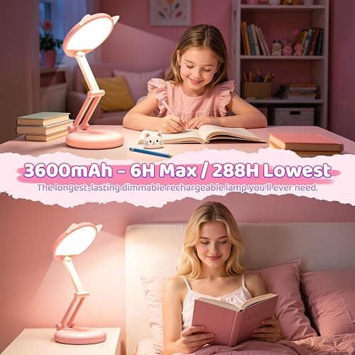 One Fire Cute Desk Lamp Pink Dorm Lamps for College Girls Foldable Portable Rechargeable Dimmable Cute Cat Lamp Kawaii Room Decor,College Dorm Decor for Girls Pink Classroom Essentials thumbnail 5
