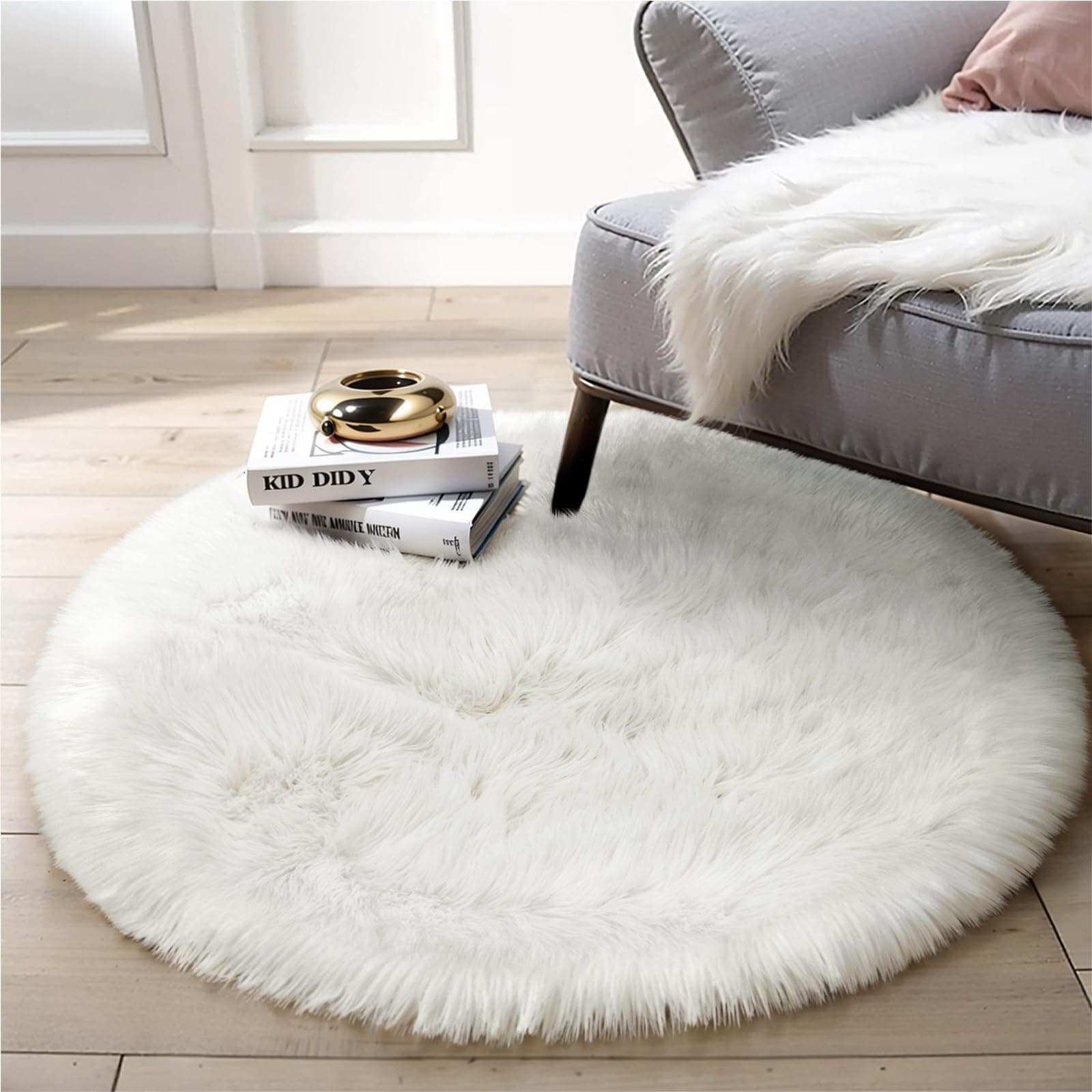 White Fluffy Rug Round Fur Area Rug for Bedroom, Circle Faux Fur Rug for Kids Room, Cute Teepee Mat Fuzzy Nursery Rug, Shaggy Circular Rugs Floor Carpets for Teens Girls Rooms Home Decor, 4 x 4 Feet thumbnail 8