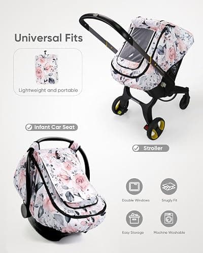 Sweetwavet Car Seat Cover Baby Girls, Infant Car Seat Canopy Outdoor, 2 Layers with Mesh and Sun Shade Window for Summer Winter, Easy Access Carseat Covers Snug Fit Baby Stroller - Pink Floral thumbnail 5