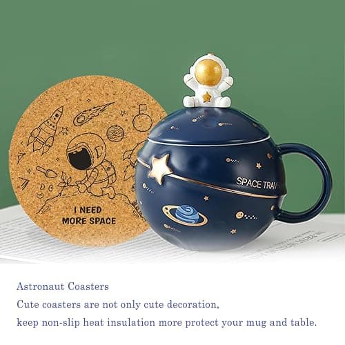 Yalucky Kawaii Astronaut Cup Space Embossed Planet Mug, Cute Ceramic Coffee Mug, Novelty Mug with Lid and Spoon for Coffee, Tea, Milk, Aesthetic Room Decor Funny Gift for Girl Boy Women (Dark blue) thumbnail 4