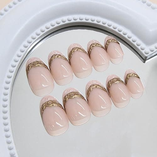 3D Gilded Press on Nails Short Oval Press on Gold French Tip Fake Nails Golden Chrome Designs False Nails Glossy Nude Full Cover Artificial Nails for Women DIY Manicure Charms Decor Supplies 24Pcs thumbnail 4