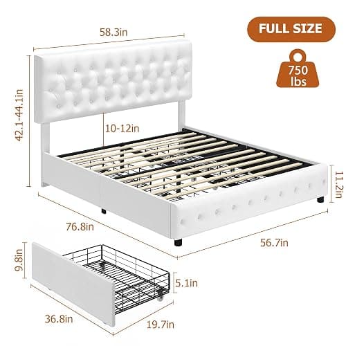 Full Size Bed Frame with 4 Storage Drawers and Adjustable Headboard, Upholstered Faux Leather Platform Bed with Button Tufted Design, Strong Wooden Slats Support, No Box Spring Needed, White thumbnail 2