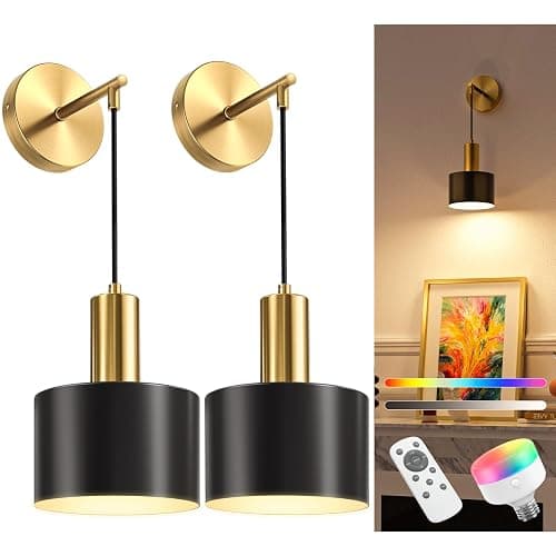 NIORSUN Battery Operated Wall Sconce Set of 2, Gold & Black Wireless Rechargeable Wall Lights with 5200mAh Dimmable Detachable Bulbs and Remote, 9 Colors Sconces Wall Decor for Bedroom Living Room - Image 1