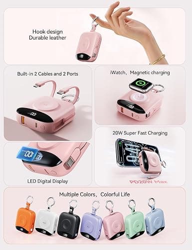 Portable Charger Power Bank, 10000mAh Fast Charging Power Bank with Built-in Cables, Travel Keychain Battery Pack with LED Display for iPhone Samsung Android iPad iWatch Charger 11/10/9/8/Ultra,Pink thumbnail 2