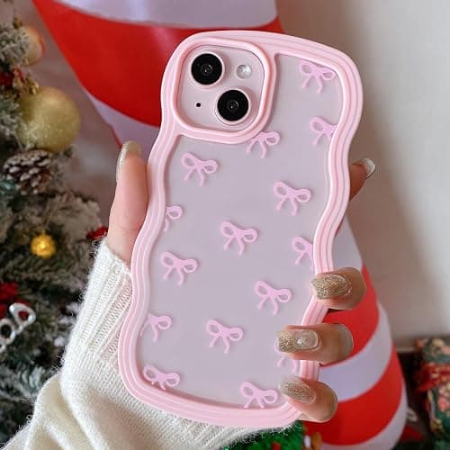 QLTYPRI Bow Case for iPhone 16, Clear Cute Ribbon Bow Phone Case Curly Wavy Aesthetic Phone Case, Slim Soft Transparent Shockproof Protective Cover for Women Girls - Pink thumbnail 8