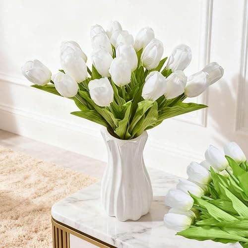 WFYTHMFLS Artificial Flowers Mother's Day Easter Valentine's Day Gifts, Artificial Flowers Fake Tulips Flowers Home Kitchen Wedding Table Decorations a Bunch of 20 White Tulips - Image 1