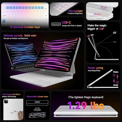 HOU Keyboard Case for iPad Air 11 inch 2025 (M3)/2024 (M2)&iPad Pro 11 Inch(4th/3rd/2nd/1st) Gen 2022,iPad Air 5th&4th Generation Case with Keyboard,Magic-Stand, Multi-Touch Trackpad,Backlight,White thumbnail 3