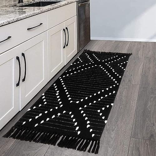 HAOCOO Boho Bathroom Runner Rug 2’ X 4.3’, Black Geometric Washable Woven Cotton Diamond Area Rug, Chic Moroccan Tribal Tassel Kitchen Rug,Throw Floor Mat Carpet Decorative for Living Room Bedroom thumbnail 6