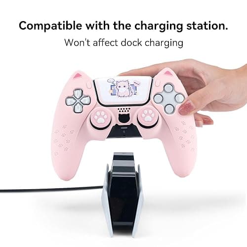 GeekShare Cute Cat Paw Protective Skin Set for ps5 Controller, Anti-Slip Silicone Cover Case Compatible with ps5 Wireless Controller Includes 2 Thumb Grip Caps and 1 Sticker - Pink thumbnail 2