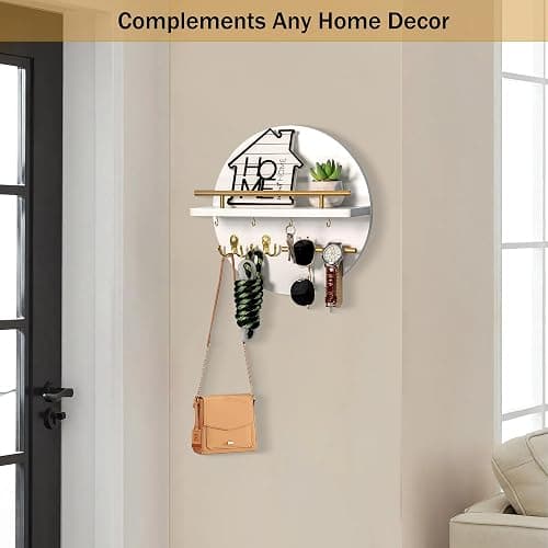 Key Holder for Wall Decorative with Shelf and Hooks, Mail Organizer Wall Mount with Sunglasses Holder, Circular Design Entryway Key Rack Hanger, Rustic Home Decor Boho Wall Decor (White) thumbnail 3