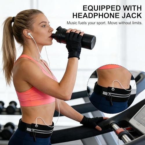 Qdfmkac Running Belt, Water Resistant Nylon Spandex, Fits 23-32 Inch Waists | No-bounce secure fit, expandable pocket fits 7" phones, Inbuilt headphone jack, reflective, for running, gym, cycling, travel thumbnail 5