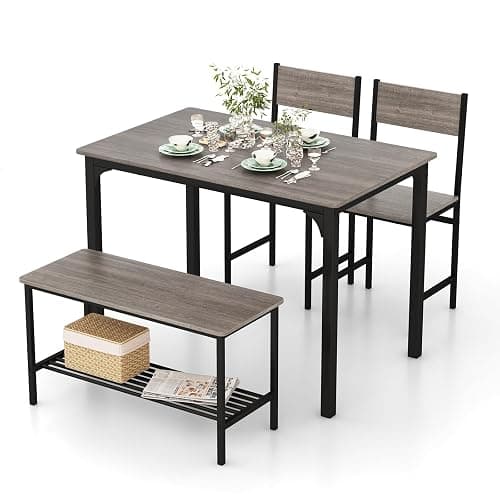 Giantex Dining Table Set for 4, Kitchen Table with Bench and Chairs, Industrial Gathering Bench Dining Set W/Metal Frame & Storage Rack, Dinette Set, Modern Functional Desk Set (Black Oak) - Image 1