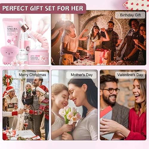 Skincare Set Sakura Teen Girls Gifts - Skin Care Set - Skincare for Teens 10-12 Hydrating - Travel Size Facial Kit for Women with Cleanser,Serum,Cream,Bunny Headband,Cleansing Brush（5pcs） thumbnail 7