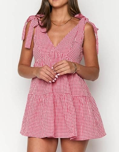 Women Y2K Tie Shoulder Mini Dress Bow Ruffle Flowy Babydoll Dress Floral Boho Sundress Summer Going Out Dress - Three Gingham Red - Large thumbnail 2
