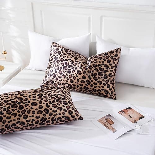 MR&HM Satin Pillowcase for Hair and Skin, Silk Satin Pillowcase 2 Pack, Queen Size Pillow Cases Set of 2, Silky Pillow Cover with Envelope Closure (20x30, Brown Leopard) thumbnail 2