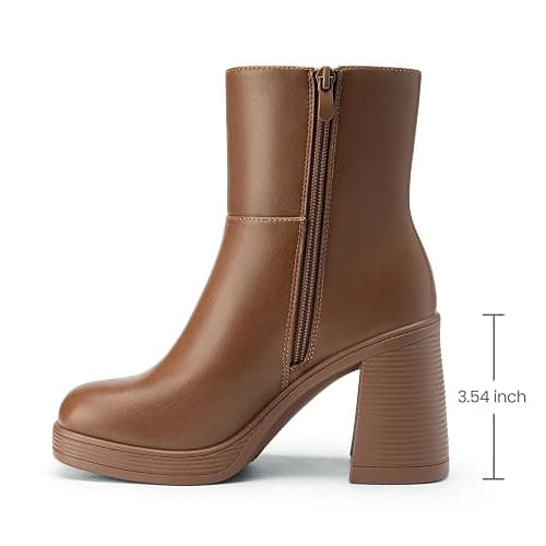 Athlefit Women's High Chunky Heel Platform Ankle Boots | Square Toe Fall Short Booties With Side Zipper, 3.54-Inch Heel, Non-Slip Outsole, Ideal for Daily Outings, Dates & Parties thumbnail 5