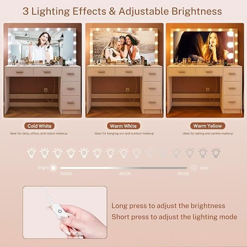 FIONESO 47.2" Large Vanity Desk with Mirror & 14 LED Lights, Makeup Vanity Table with 5 Drawers & Charging Station, Makeup Vanity Desk, 3 Lighting Colors, Dressing Vanity Table for Bedroom, White thumbnail 5