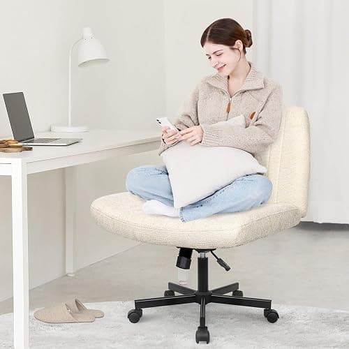 Orange Factory Criss Cross Chair Wheels Wide Cross Legged Office Desk Vanity Chair Comfy Fabric Armless Adjustable Swivel for Home Computer Task (Beige) thumbnail 3