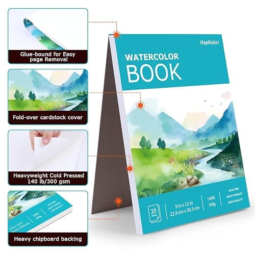 Hapikalor Watercolor Paper Pad, 9"x12" Water Color Paper, 140lb/300gsm Artist Painting Drawing Paper Book, Art Supplies for Adults Kids, Watercolors, Watercolor Paint Set, Sketchbook, Journal, Teal thumbnail 7