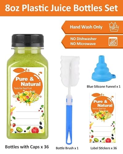 Exsmile 36 Pack 8oz Plastic Juice Bottles with Caps, Empty Reusable Bottles for Juicing Bevergae, Plus Labels & Funnel & Brush, Clear Juice Containers with Lids for Smoothies Ginger thumbnail 4