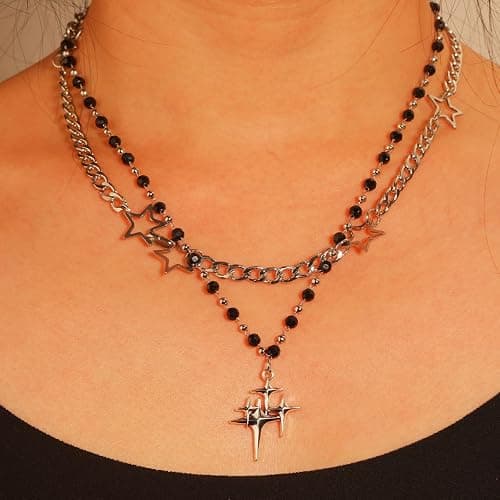 LIRUNQIN 5PCS Y2K Gothic Necklace Set – Star Pendant, Beaded Silver Chain, Grunge Emo Jewelry Pack – Alt Accessories for Women– Fairy Grunge, Alternative, Goth & Y2K Jewelry thumbnail 5