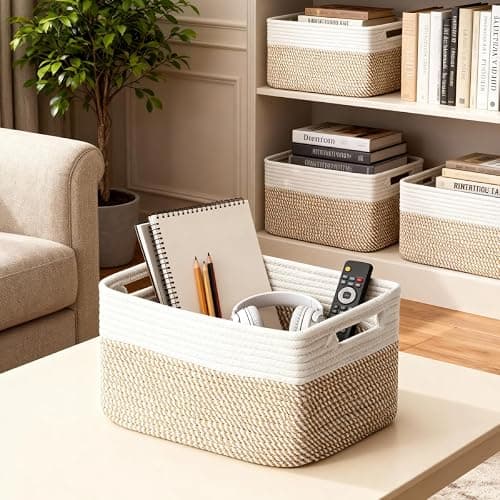 Yilobi 5 Pack Woven Storage Baskets for Shelves, Decorative Basket Organizer Storage Bins for Toys, Books, Clothes, Closet, Nursery, Bathroom – Cotton Rope Shelf Baskets for Organizing, Khaki & White thumbnail 2