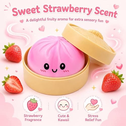 Crossunx Sweet Strawberry Scented Dumpling Squishies Stress Balls, Pink Tie-Dye Squishies Dumpling Fidget Sensory Toy with Food Steamer, Squeeze Dough Ball for Stress Relief, Stretchy Desk Toys Gift thumbnail 4