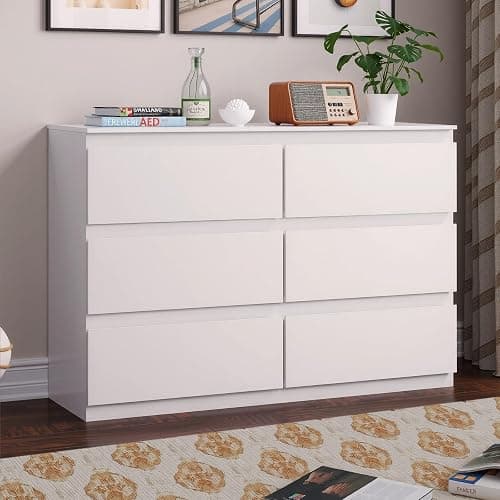 Dresser for Bedroom with 6 Wide Drawer, White Wood Dresser, Modern Chest of Drawers for Clothes Storage, Multi-Functional Storage Organizer for Bedroom, Living Room & Entryway(47" W x15.4 Dx32.3 H) - Image 1