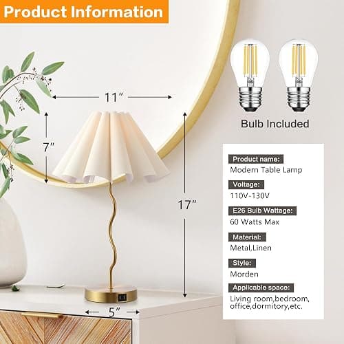 EOEYYOYB Pleated Table Lamp, Table Lamp for Bedroom, Bedside Lamps for Nightstand with Linen Lampshade, Modern Lamp for Bedroom Home Office Decor thumbnail 2