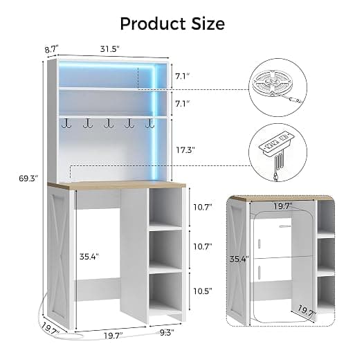 IRONCK Bakers Rack with Mini Fridge Space, 69.3" Microwave Stand, White | 7-Tier Coffee Bar Station, Power Outlets, LED Lights, Space-Saving Utility Organizer for Small Apartment, Dorm, Living Room thumbnail 2