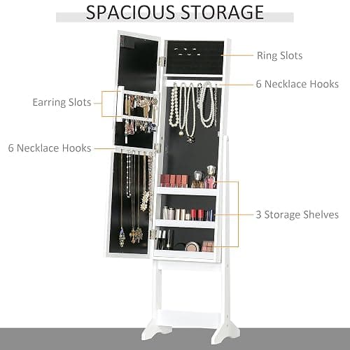 HOMCOM Mirror Jewelry Cabinet Armoire with LED Lights Warm White | Free Standing Jewelry Organizer, Full Length Mirror, Storage, Adjustable Angles thumbnail 7